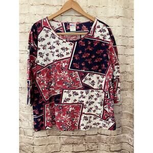American Sweetheart Top Womens XL Navy & Pink Floral Patchwork Cotton Stretch